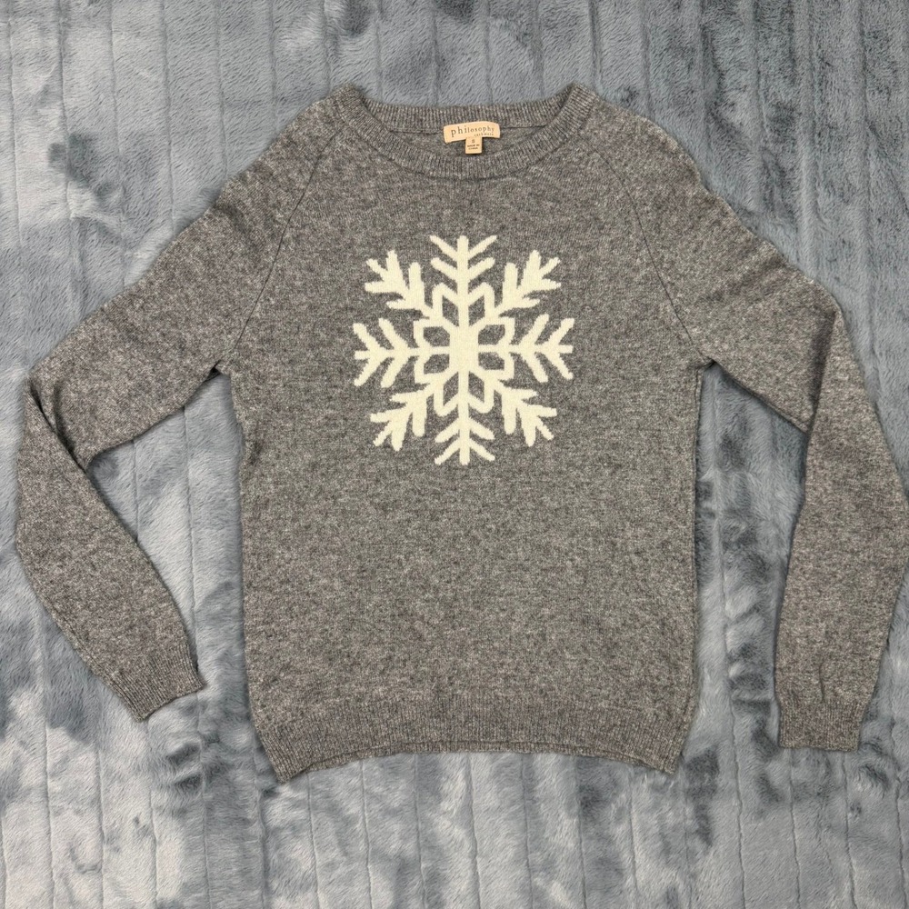 Philosophy Cashmere Snowflake Sweater Grey 100% Cashmere Winter Crewneck Small